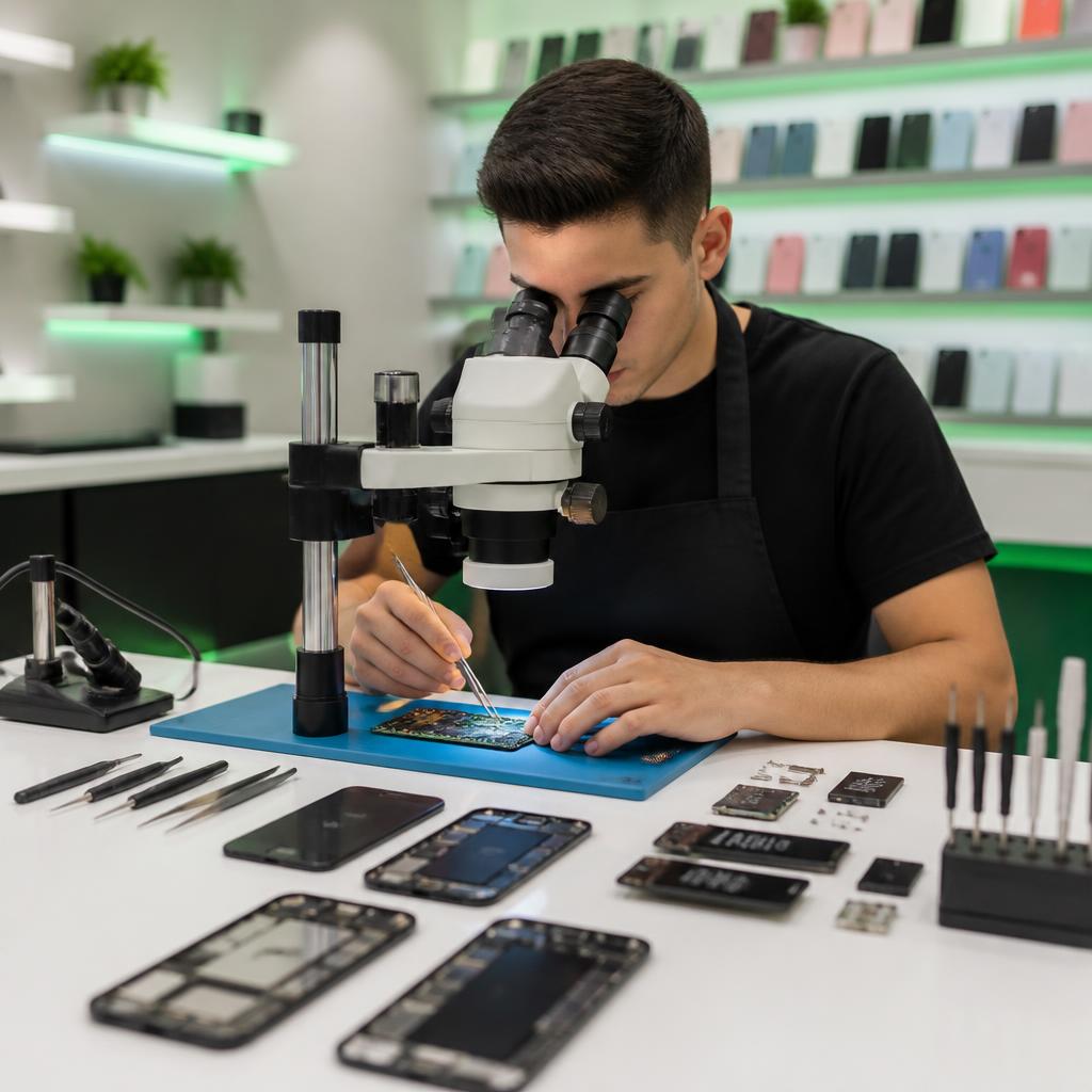 Technicien iRepairPhoneX réparant un téléphone au microscope